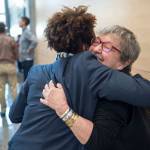 Tracy K. Smith, the 52nd Poet Laureate of the United States, is greeted by Alaska State Writer Laureate Ernestine Hayes before Smiths reading at the Andrew P. Kashevaroff Building on Wednesday, Aug. 29, 2018. (Michael Penn | Juneau Empire)
