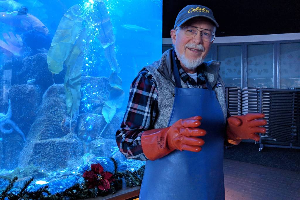 Rich Mattson, who retired after nearly 31 years with Douglas Island Pink And Chum, smiles while recalling an earlier engagement with a giant pacific octopus during his last shift, Dec. 24, 2018. (Ben Hohenstatt | Capital City Weekly)