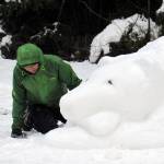 With eyes in place Angela Imbodens second polar bear begins to take more obvious shape on Thursday, Dec. 27, 2018. (Ben Hohenstatt | Juneau Empire)