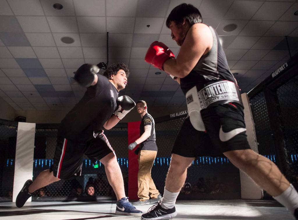 Moa Maka takes on Steven Roberts at the Beatdown #33 at the Elizabeth Peratrovich Hall on Friday, Dec. 28, 2018. Maka won the match. (Michael Penn | Juneau Empire)