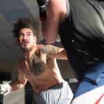 Brian Lauth, dark shirt, takes on Fritz Ropati in the main event at the Beatdown #33 at the Elizabeth Peratrovich Hall on Friday, Dec. 28, 2018. Lauth won the match. (Michael Penn | Juneau Empire)