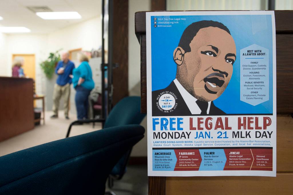 Volunteer lawyers wait to help people in need of legal advice at the Alaska Legal Services Corportation in the Jordan Creek Center on Monday, Jan. 21, 2019. The free service was also offered at Dimond Courthouse as a public service on Martin Luther King Day. The event was hosted by the Alaska Bar Association, the Alaska Court System, Alaska Legal Service Corportation and local bar associations. (Michael Penn | Juneau Empire)