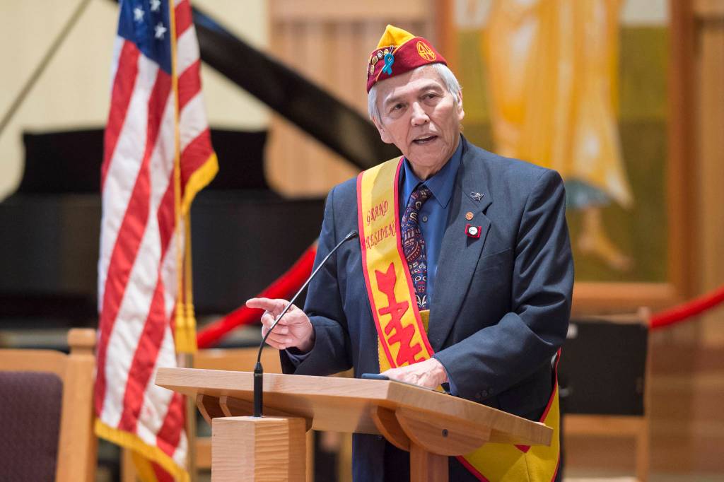 Sasha Soboleff, of the Alaska Native Brotherhood, speaks at the Dr. Martin Luther King Jr. 2019 Community Celebration at St. Pauls Catholic Church on Monday, Jan. 21, 2019. (Michael Penn | Juneau Empire)