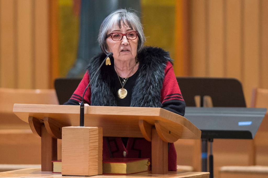 Dr. Rosita Worl, president of the Sealaska Heritage Institute, speaks at the Dr. Martin Luther King Jr. 2019 Community Celebration at St. Pauls Catholic Church on Monday, Jan. 21, 2019. (Michael Penn | Juneau Empire)
