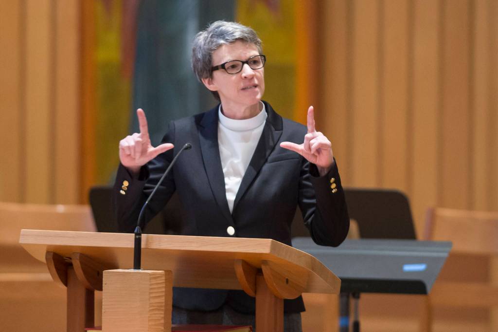 Pastor Tari Stage-Harvey, of the Shepherd of the Valley Lutheran Church, speaks at the Dr. Martin Luther King Jr. 2019 Community Celebration at St. Pauls Catholic Church on Monday, Jan. 21, 2019. (Michael Penn | Juneau Empire)