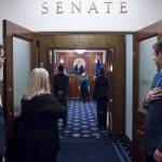 Alyssa Fischer sings in the Senate on the opening day of the 31st Session of the Alaska Legislature on Tuesday, Jan. 15, 2019. (Michael Penn | Juneau Empire)