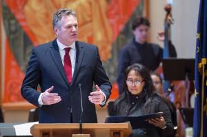 Gov. Michael J. Dunleavy, with his wife, Rose, anounces the proclamation of Dr. Martin Luther King Jr. Day at the Dr. Martin Luther King Jr. 2019 Community Celebration at St. Pauls Catholic Church on Monday, Jan. 21, 2019. (Michael Penn | Juneau Empire)