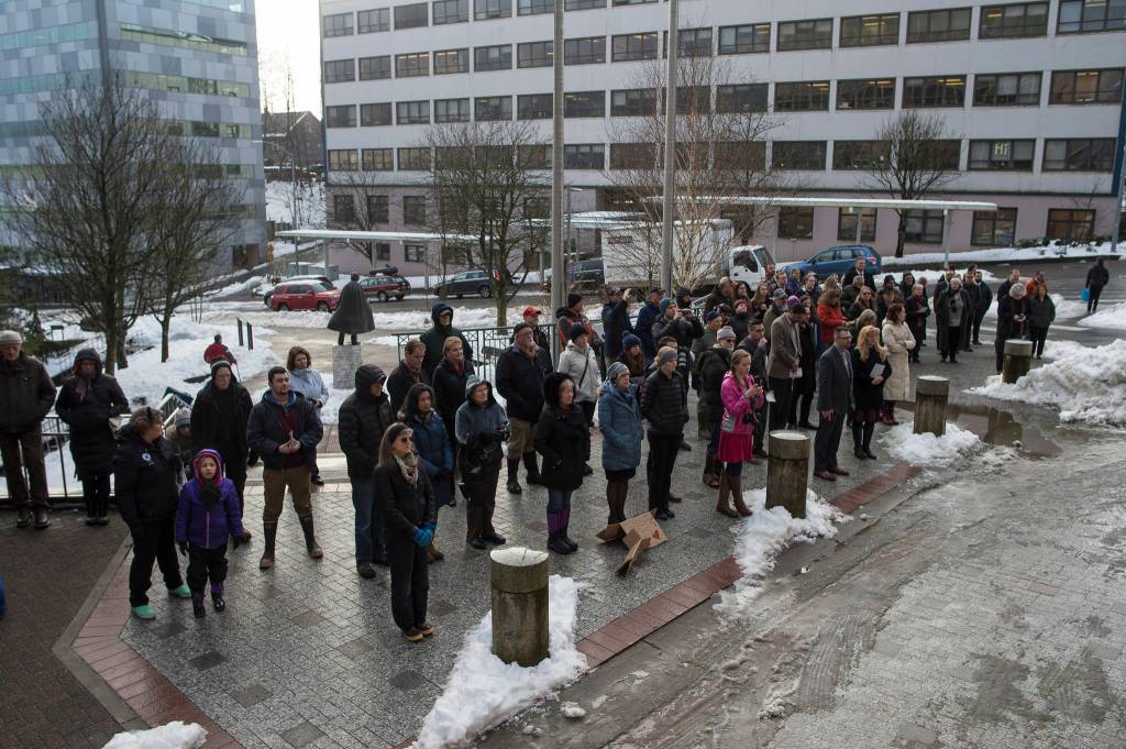 About 80 people attend the Alaskans for Life, Inc. annual Rally for Life in front of the Capitol on Tuesday, Jan. 22, 2019. (Michael Penn | Juneau Empire)