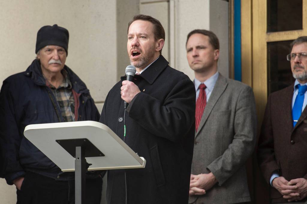 Pat Martin, of Alaska Right to LIfe based in Anchorage, speaks during the annual Alaskans for Life, Inc. Rally for Life in front of the Capitol on Tuesday, Jan. 22, 2019. (Michael Penn | Juneau Empire)