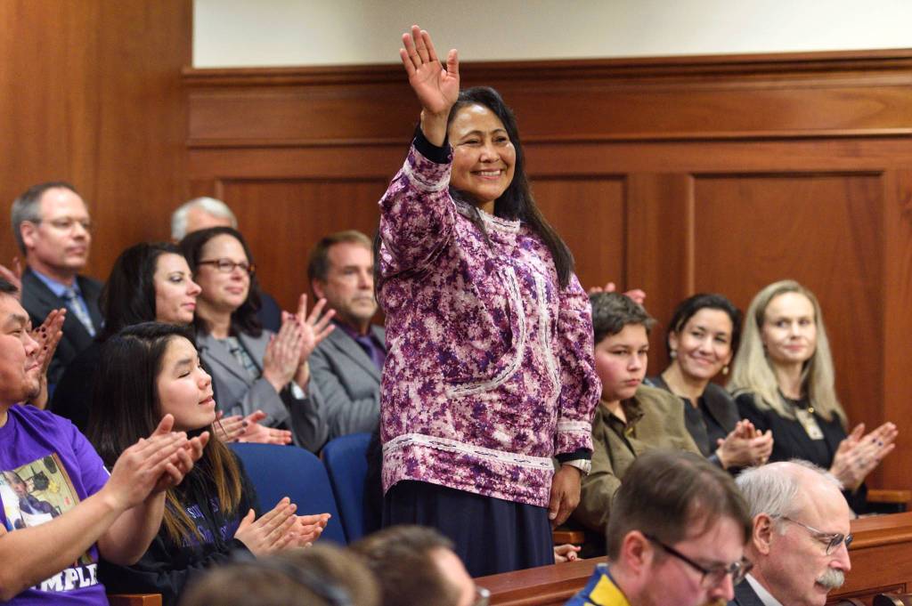 Alaska first lady Rose Dunleavy waves to the crowd after being introduced during Gov. Mike Dunleavys State of the State at the Alaska Capitol on Jan. 22, 2019. (Michael Penn | Juneau Empire)