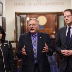 House Republicans Cathy Tilton, left, David Talerico, center, and Lance Pruitt speak to the press outside the House chambers after Gov. Mike Dunleavys State of the State speech on Tuesday. (Michael Penn | Juneau Empire)