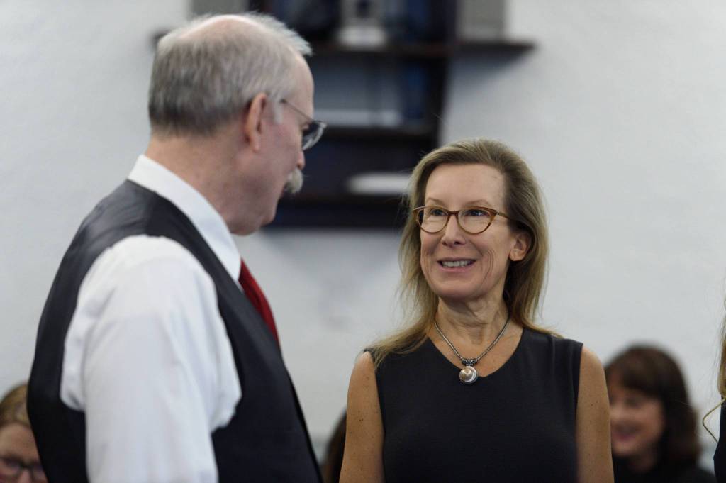 Donna Arduin, right, director of the Office of Budget and Management, speaks with Sen. Bert Stedman, R-Sitka, at a Senate Finance Committee at the Capitol on Wednesday, Jan. 23, 2019. Sen. Stedman is Co-Chair of the Committee. (Michael Penn | Juneau Empire)
