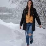 Jan. 27, 2019: On a snowy morning near the Mendenhall River, Taylor Baker was a definite bright spot. Her gold blouse from H&M, distressed jeans from Apricot Lane and black trench coat from Be Cool LA really stood out against the otherwise white landscape. I also loved the navy low-cut Xtratufs that she borrowed from her boyfriend Andy  practical and attractive!