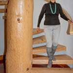 Nov. 11, 2018: Even if it is dreary and gray outside, autumn fashion can still shine indoors. Linda Dahl is a perfect example. She combines fitted jean style leggings with a cozy black wool sweater from Charter Club. Her accessories include colorful knee socks, Croft & Barrow sandals, a vibrant turquoise necklace and earrings from Arizona, and her ever-present smile.