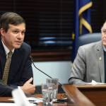 Senate Democratic Leader Tom Begich, D-Anchorage,right, listens to Sen. Bill Wielechowski, D-Anchorage, during a Senate Democrat Caucus press conference on Thursday, Jan. 24, 2019. (Michael Penn | Juneau Empire)