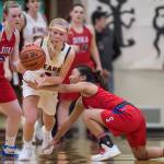Juneau-Douglas Sadie Tuckwood, center, steals the ball against Sitkas Tiffany Elefante, right, at JDHS on Friday, Jan. 25, 2019. Sitka won 37-31. (Michael Penn | Juneau Empire)