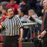 Juneau-Douglas coach Robert Casperson reacts to a technical foul call by referee Ron Taug as they play Thunder Mountain at JDHS on Friday, Jan. 25, 2019. Thunder Mountain won 67-63. (Michael Penn | Juneau Empire)