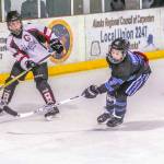 Juneaus Stein Dostal clears the puck with Eagle Rivers Morgan Greninger during a weekend game at Treadwell Arena. (Courtesy Photo | Steve Quinn)