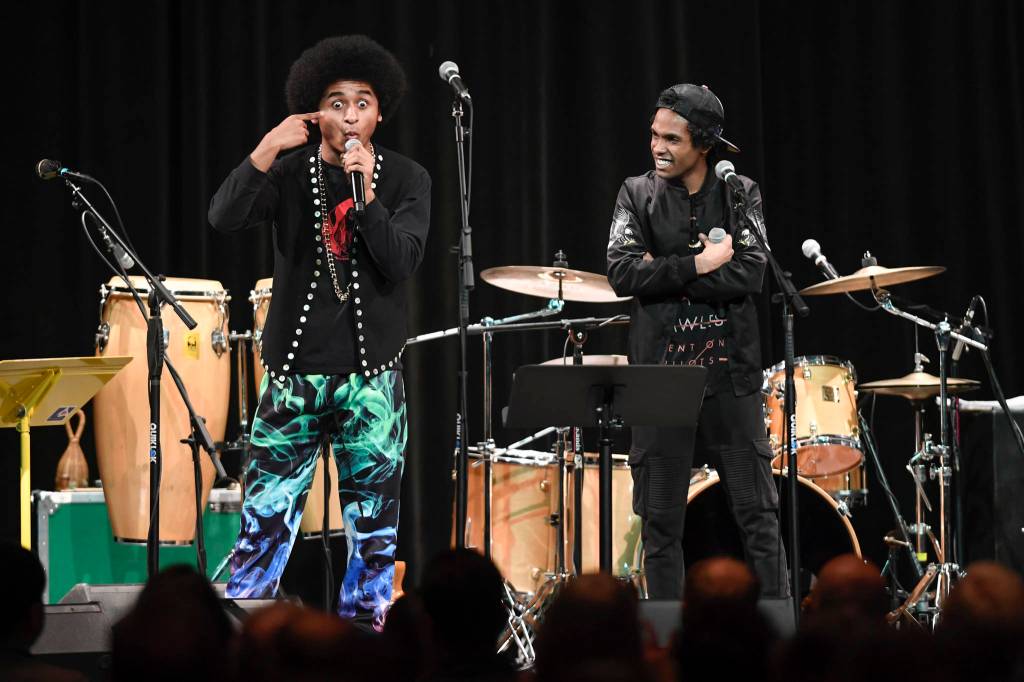 Hip Hop duo of Arias A.J. Hoyle and Chris Talley perform an opening act before Khu.eex performance at Centennial Hall on Monday, Jan. 28, 2019. (Michael Penn | Juneau Empire)