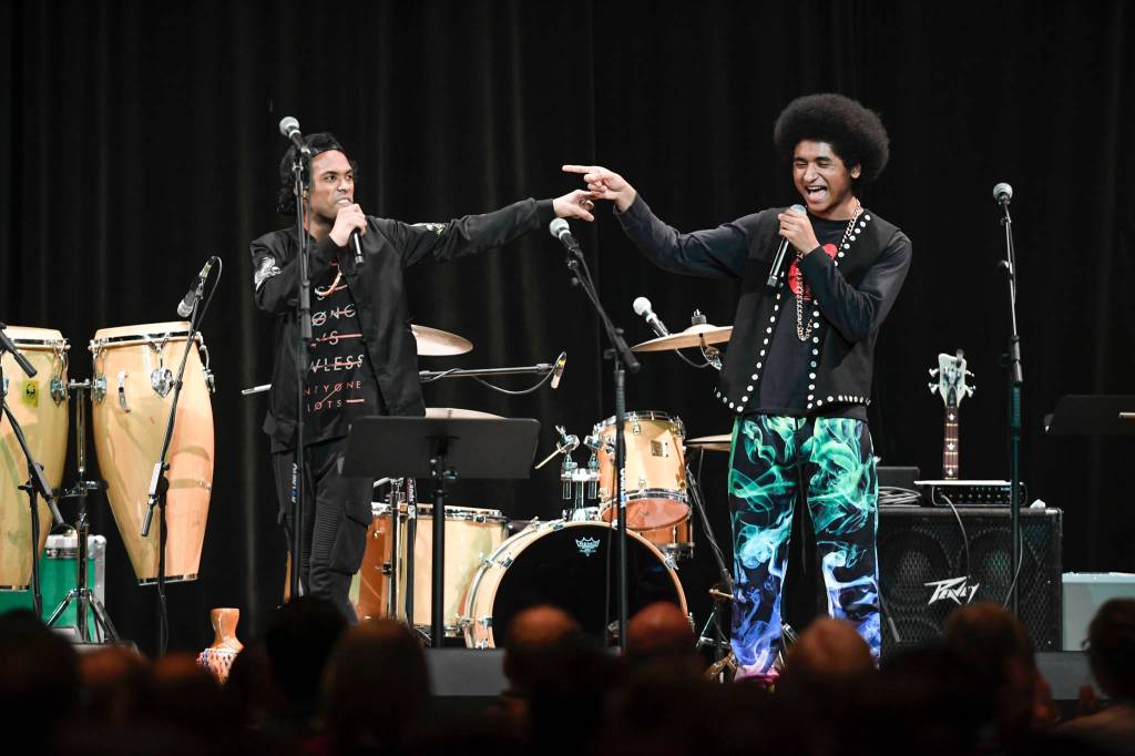 Hip Hop duo of Arias A.J. Hoyle and Chris Talley perform an opening act before Khu.eex performance at Centennial Hall on Monday, Jan. 28, 2019. (Michael Penn | Juneau Empire)