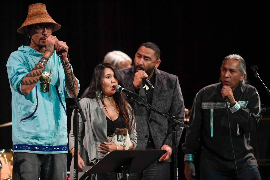 Members of Khu.eex perform at Centennial Hall on Monday, Jan. 28, 2019. (Michael Penn | Juneau Empire)