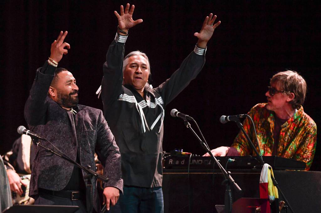 Members of Khu.eex perform at Centennial Hall on Monday, Jan. 28, 2019. (Michael Penn | Juneau Empire)