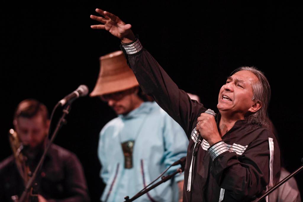 Members of Khu.eex perform at Centennial Hall on Monday, Jan. 28, 2019. (Michael Penn | Juneau Empire)