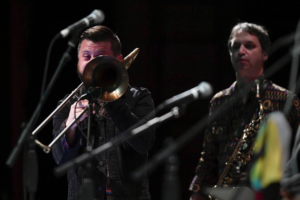 Members of Khu.eex perform at Centennial Hall on Monday, Jan. 28, 2019. (Michael Penn | Juneau Empire)