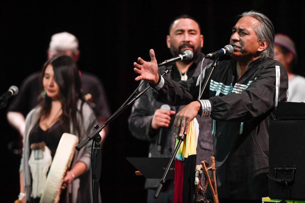 Members of Khu.eex perform at Centennial Hall on Monday, Jan. 28, 2019. (Michael Penn | Juneau Empire)