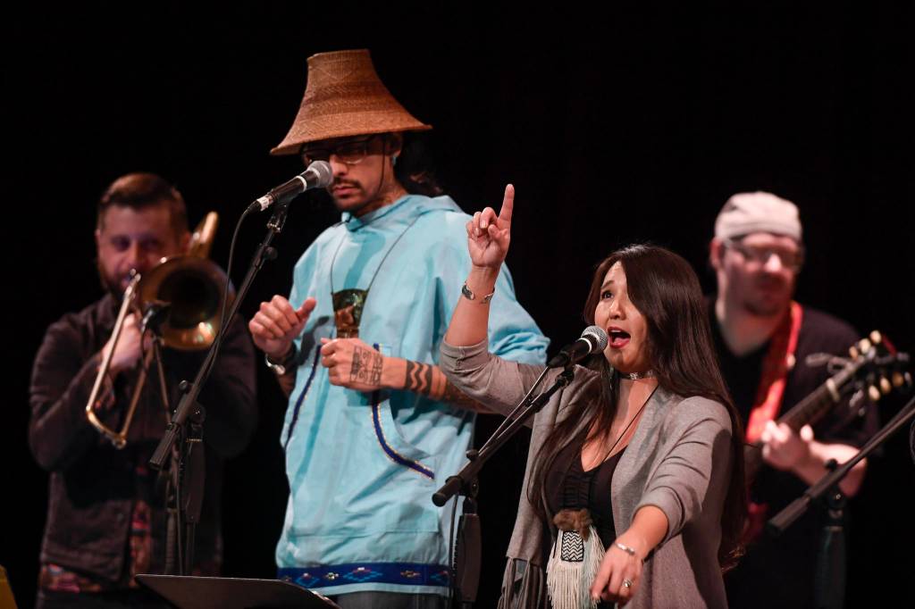 Members of Khu.eex perform at Centennial Hall on Monday, Jan. 28, 2019. (Michael Penn | Juneau Empire)