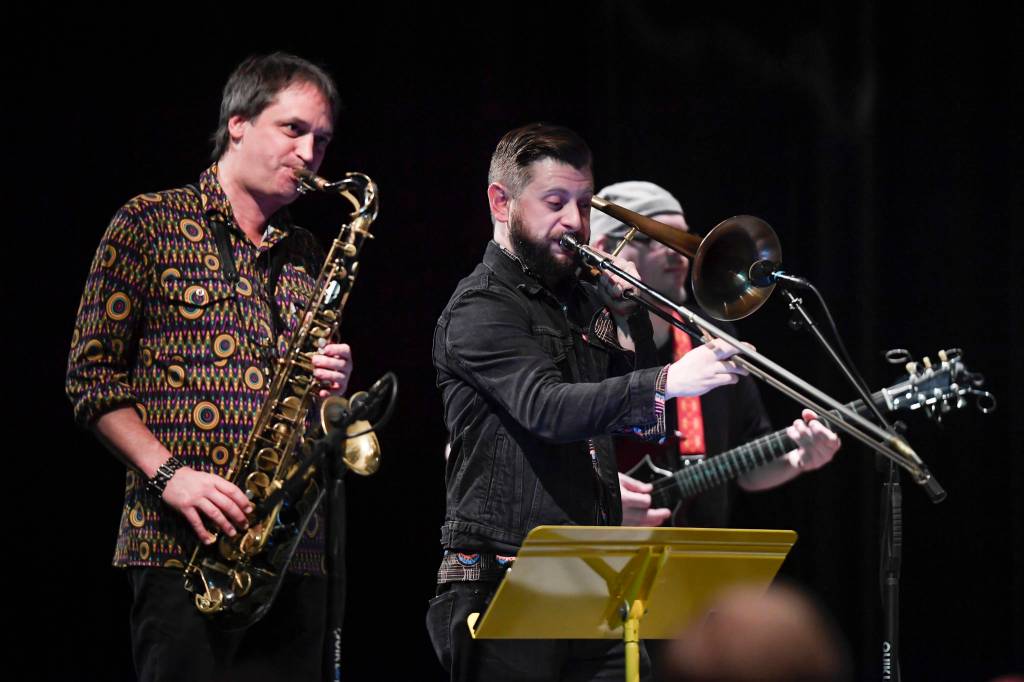 Members of Khu.eex perform at Centennial Hall on Monday, Jan. 28, 2019. (Michael Penn | Juneau Empire)