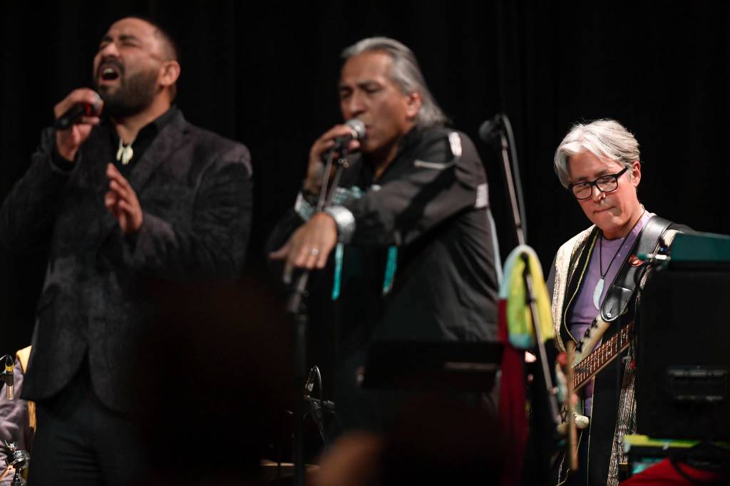 Members of Khu.eex perform at Centennial Hall on Monday, Jan. 28, 2019. (Michael Penn | Juneau Empire)