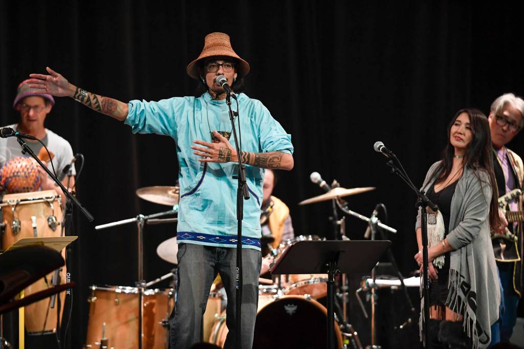 Members of Khu.eex perform at Centennial Hall on Monday, Jan. 28, 2019. (Michael Penn | Juneau Empire)