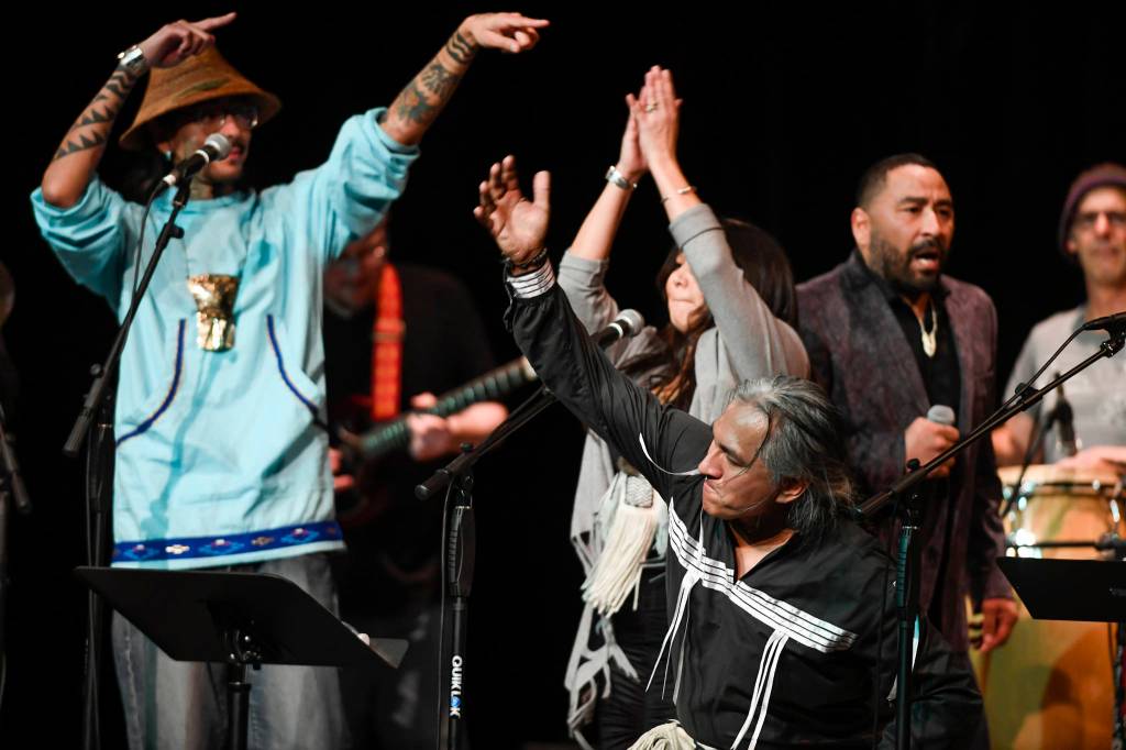 Members of Khu.eex perform at Centennial Hall on Monday, Jan. 28, 2019. (Michael Penn | Juneau Empire)