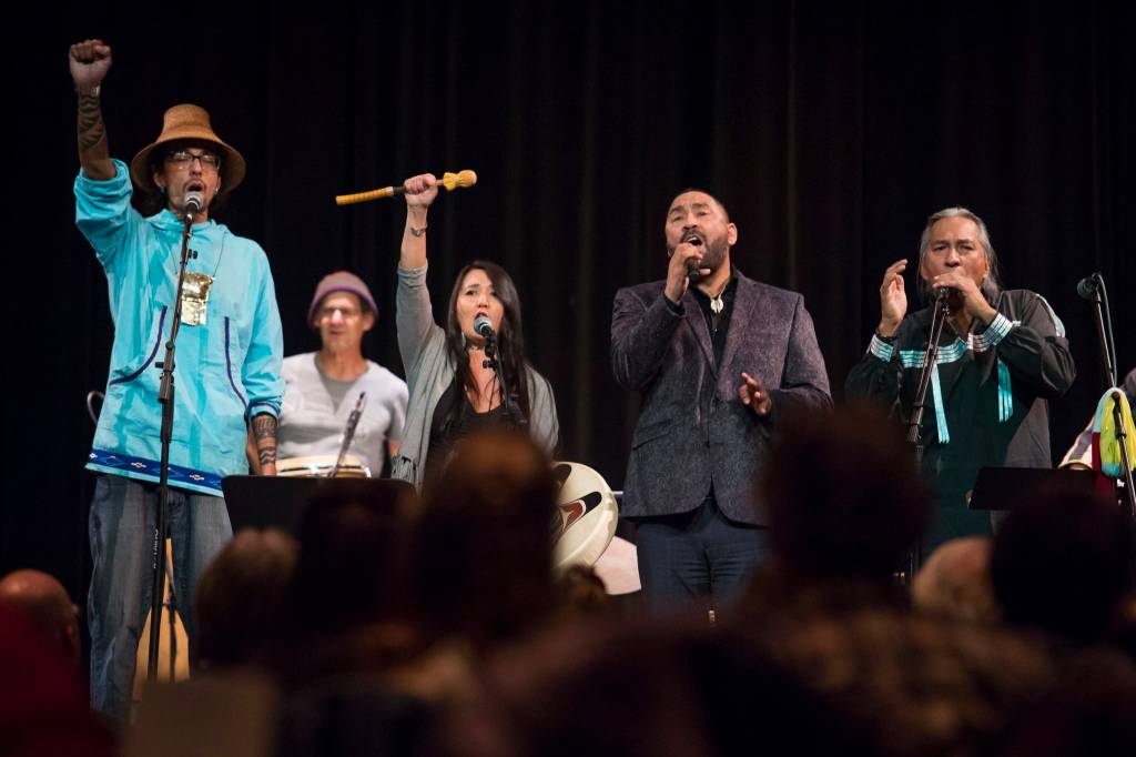 Members of Khu.eex perform at Centennial Hall on Monday, Jan. 28, 2019. (Michael Penn | Juneau Empire)