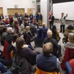 Juneaus legislators, Sen. Jesse Kiehl and Reps. Sara Hannan and Andi Story, talk to a standing room only crowd at a town hall meeting at the Mendenhall Valley Public Library on Tuesday, Jan. 29, 2019. (Michael Penn | Juneau Empire)