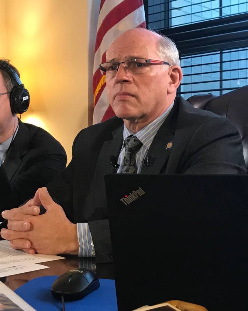 Sen. John Coghill, R-Fairbanks, listens to a question during a press conference Wednesday about Gov. Mike Dunleavys constitutional amendments. (Alex McCarthy | Juneau Empire)
