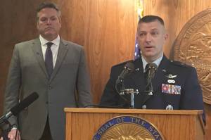 Brig. Gen. Torrence Saxe, commissioner designee of Alaska Department of Military and Veterans Affairs, directs Alaskans in need of earthquake assistance to go to ready.alaska.gov. Gov. Mike Dunleavy had just announced that President Donald Trump is sending relief, by way of the Federal Emergency Management Agency. (Kevin Baird | Juneau Empire)