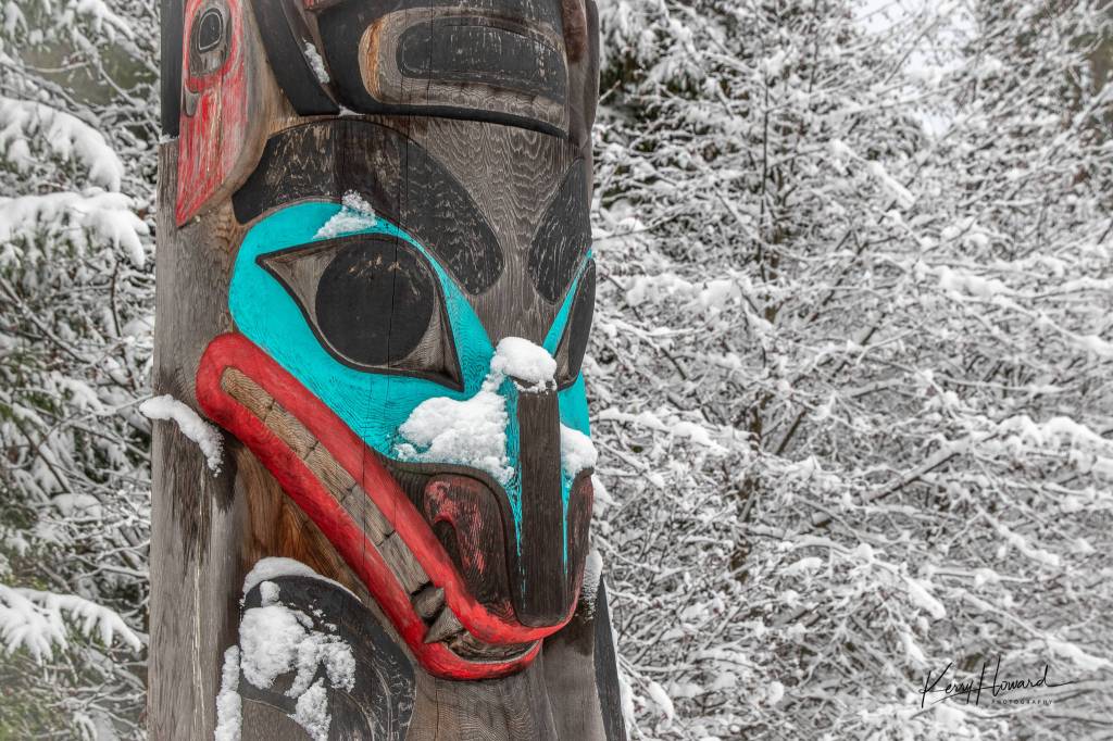 Courtesy PhotoS | <strong>Kerry Howard</strong>                                 Snow rests on the totem at University of Alaska Southeast on Dec. 25.