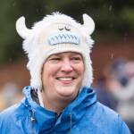 Teri Rasmussen sports a troll hat to fend off the rain before taking to the frigid waters at Auke Bay Recreation Area for the annual Juneau Polar Bear Dip on Tuesday, Jan. 1, 2019. Nearly 200 people took the plunge to start off the new year. (Michael Penn | Juneau Empire)