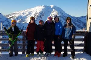 The Juneau Ski Clubs FreeRide Team on the top of Eaglecrest on Saturday. Left to right: Eero Wooldord, McKenna McNutt, Sophia Caputo, Gabi Griggs, JoJo Griggs, Austin Smith. (Courtesy Photo | Randy Bates).