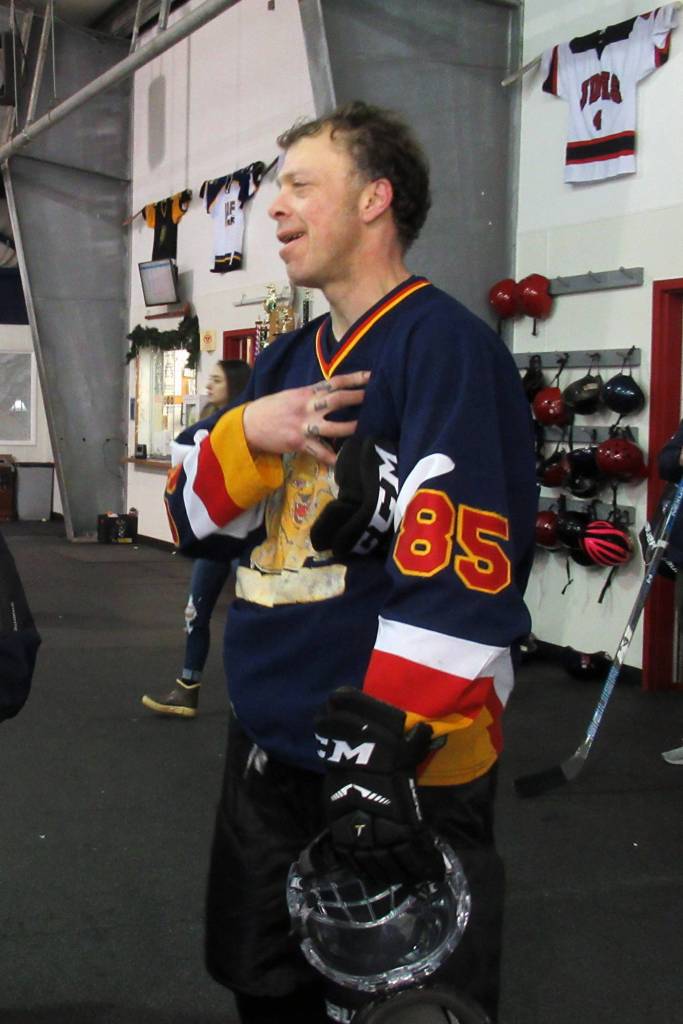 Adam Avila said league hockey has been a helpful part of his recovery from addiction during an ice skating event organized by Great Bear Recovery Collective. (Ben Hohenstatt | Capital City Weekly)