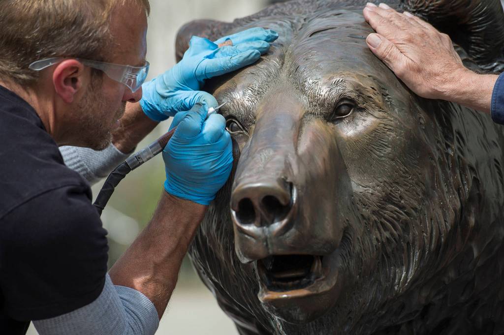 Sculpture artist R.T. Skip Wallen and patineur Bart Latta, of the Parks Bronze foundry in Enterprise, Oregon, work to give Wallens bronze bear sculpture, Windfall Fisherman, a 30-year cleanup on Main Street on Thursday, May 10, 2018. Wallen and Latta were etching details that have worn off since it was installed in 1988. Wallen said the work is making a friendlier bear out of it. Thats part of the expression that has bothered me for 30 years. (Michael Penn | Juneau Empire)