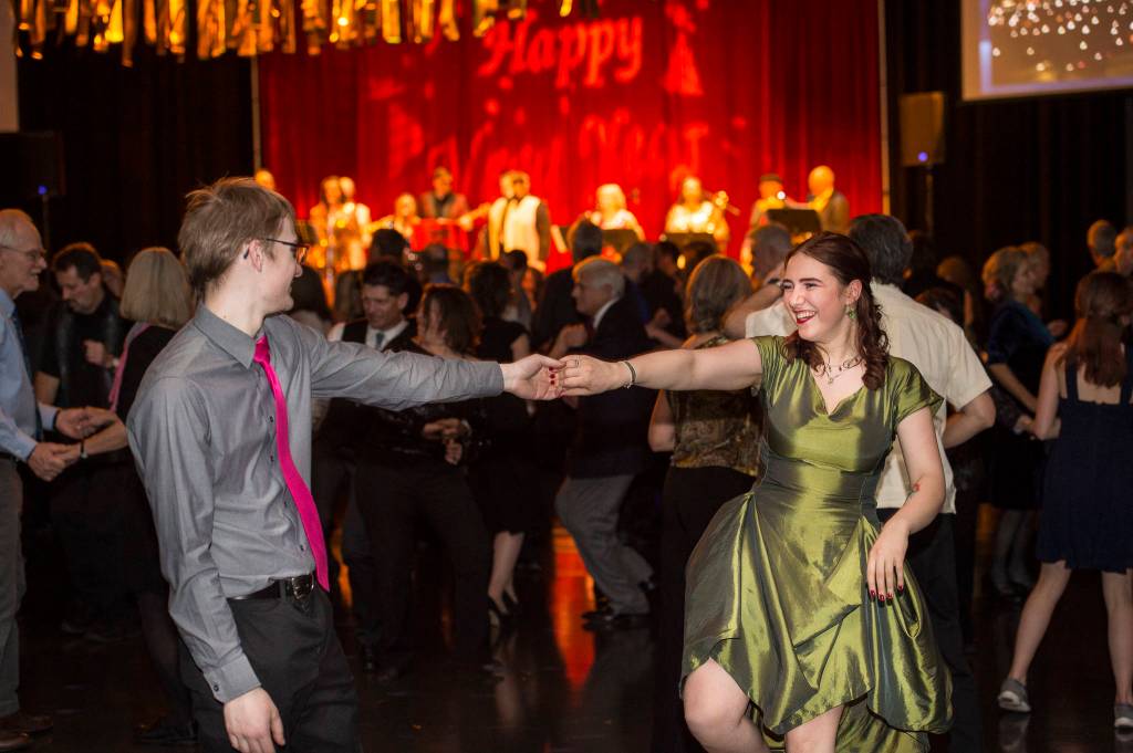 Colton Tersteeg and Clare Boily dance to Gamble & High Costa Livin during the New Years Eve Gala at Centennial Hall on Monday, Dec. 31, 2018. The event was a fundraiser for the Juneau Arts and Humanities Council and Juneau Jazz & Classics. (Michael Penn | Juneau Empire)