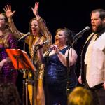 Taylor Vidic, left, Allison Holtkamp, Collette Costa, Mike Gamble, right, perform as Gamble & High Costa Livin during the New Years Eve Gala at Centennial Hall on Monday, Dec. 31, 2018. The event was a fundraiser for the Juneau Arts and Humanities Council and Juneau Jazz & Classics. (Michael Penn | Juneau Empire)