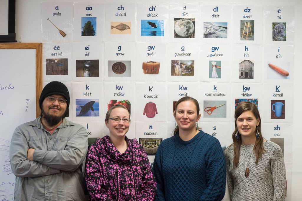 Herb Sheakley, left, Mary Folletti, Sarah Dybdahl and Mallory Story, right, are four of the six staff members who will teach a new Tlingit Language Immersion Nest at the Vocational Training & Resource Center on Hospital Drive. Central Council of Tlingit and Haida Indian Tribes of Alaska has been awarded a $1 million operate a Tlingit Language Immersion Nest for 3 to 5 year-old children. (Michael Penn | Juneau Empire)