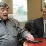 Chris Mello, Chair of the Board of Directors of the Blood Bank of Alaska, left, and Robert Scanlon, Chief Executive Officer, speak during an interview at the Juneau Empire on Thursday, Jan. 10, 2019, about the opening of a permanent location to donate blood in Juneau. The new location is in the Jordan Creek Center. (Michael Penn | Juneau Empire)