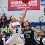 Thunder Mountains Mary Khaye Garcia shoots against Colonys Indiya Clarke at TMHS on Friday, Jan. 11, 2019. Colony won 58-28. (Michael Penn | Juneau Empire)