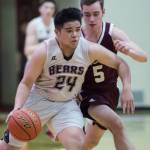 Juneau-Douglas Philip Gonzales, left, drives against Ketchikans Jake Taylor at JDHS on Friday, Jan. 11, 2019. JDHS won 75-67. (Michael Penn | Juneau Empire)