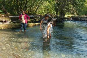 Juliea Gregory and Shgen George greet returning chum salmon in the clear water that gives Kaxdigoowu Héen its Tlingit name. (Courtesy Photo | Richard Carstensen)